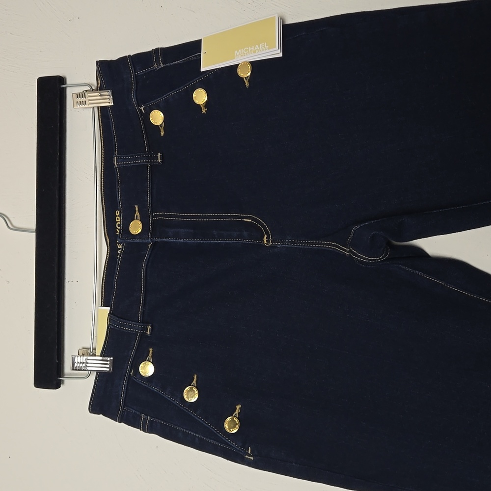 NWT MICHAEL Michael Kors Gold Buttons Sailor Blue Jeans Size 8